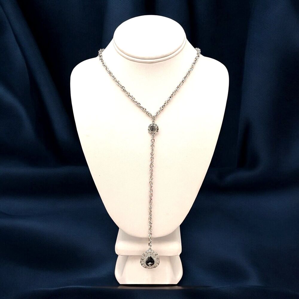 New Silver Tone Pendant Necklace Ornate Pendant Stones Long - 11F
